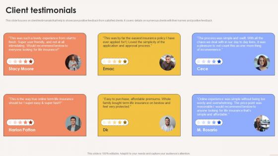 Client Testimonials Term Life Insurance Platform Investor Funding Elevator Pitch Deck