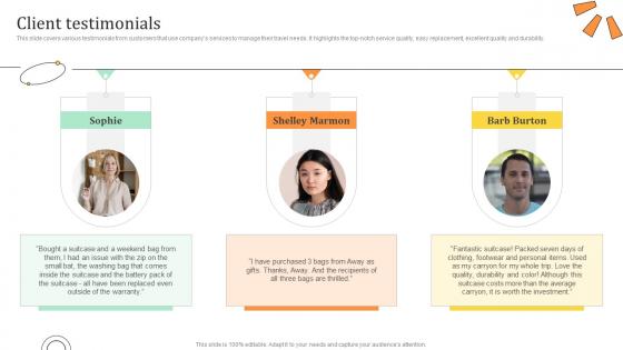 Client Testimonials Travel Bag Funding Pitch Deck Client Testimonials Travel Bag Funding Pitch Deck