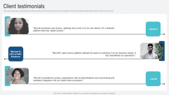 Client Testimonials Voice Assistance Security Platform Investor Funding Presentation Pictures Pdf