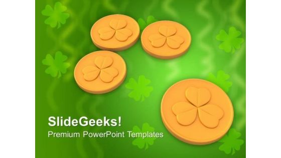 Clover Embossed On Coins Patricks Day PowerPoint Templates Ppt Backgrounds For Slides 0313