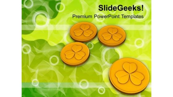 Clover Leaf Embossed On Gold Coins Festival PowerPoint Templates Ppt Backgrounds For Slides 0213