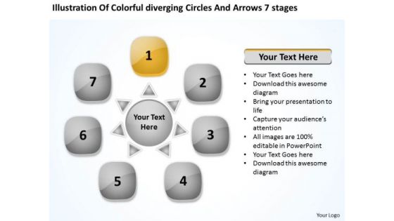 Colorful Diverging Circles And Arrows 7 Stages Circular Process Network PowerPoint Templates