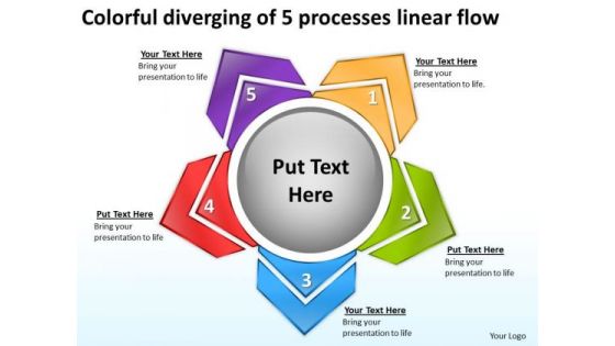 Colorful Diverging Of 5 Processes Linear Flow Charts And Networks PowerPoint Templates