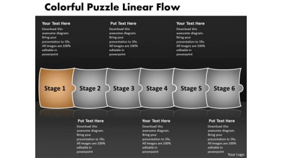 Colorful Puzzle Linear Flow Chart Manufacturing PowerPoint Slides