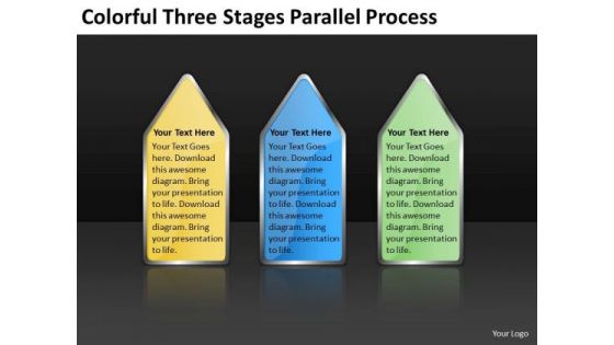 Colorful Three Stages Parallel Process Sample Small Business Plan PowerPoint Slides