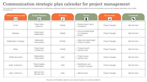 Communication Strategic Plan Calendar For Project Management Portrait Pdf