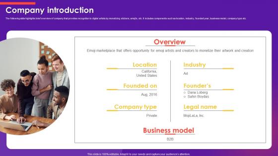 Company Introduction Emoji Marketplace Investor Funding Elevator Pitch Deck