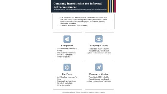 Company Introduction For Informal Debt Arrangement One Pager Sample Example Document Company Introduction For Informal Debt Arrangement One Pager Sample Example Document