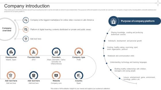 Company Introduction Investor Funding Elevator Pitch Deck For Online Learning Platform