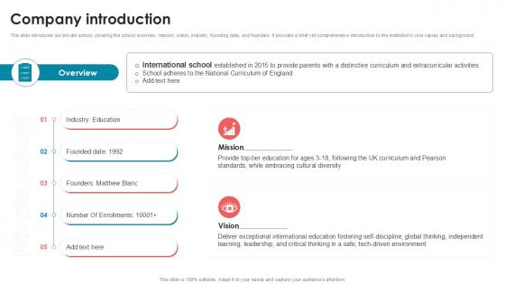 Company Introduction Private School Investor Funding Elevator Pitch Deck PPT Slides