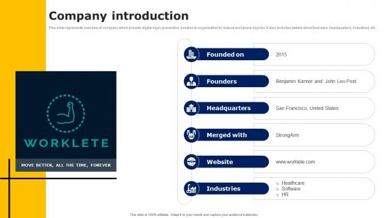 Company Introduction Workers Injury Prevention Company Fundraising Pitch Deck Icons Pdf