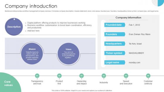 Company Introduction Workflow Management Investor Funding Elevator Pitch Deck