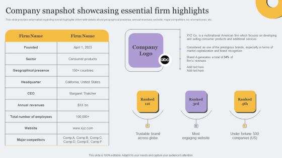 Company Snapshot Showcasing Essential Firm Toolkit For Brand Planning Clipart Pdf