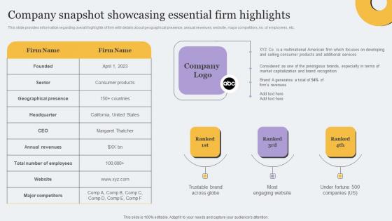 Company Snapshot Showcasing Essential Firm Toolkit For Brand Planning Clipart Pdf