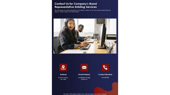 Contact Us For Companys Brand Representative Enlisting Services One Pager Sample Example Document Contact Us For Companys Brand Representative Enlisting Services One Pager Sample Example Document