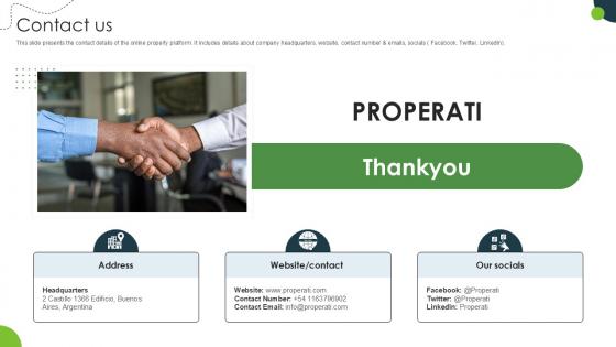 Contact Us Land And Property Marketplace Pitch Deck PPT Example