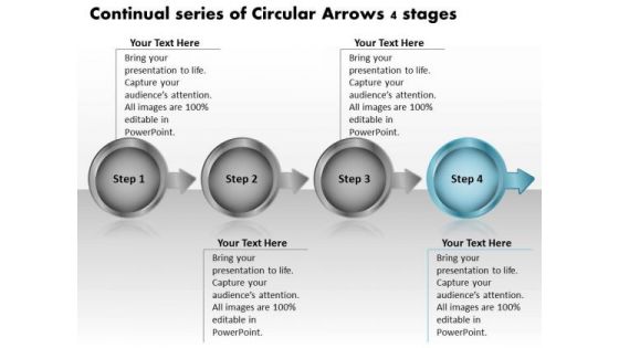 Continual Series Of Circular Arrows 4 Stages Processing Flow Chart PowerPoint Slides