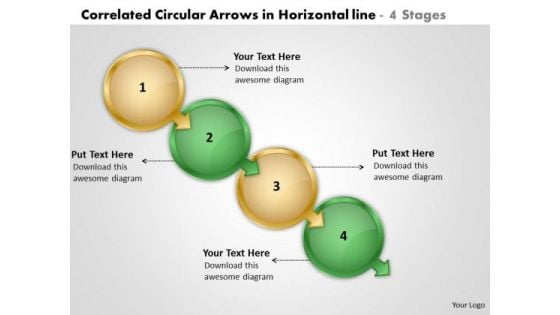 Correlated Circular Arrows In Horizontal Line 4 Stages Create Flow Charts PowerPoint Slides