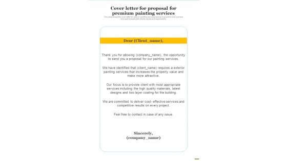 Cover Letter For Proposal For Premium Painting Services One Pager Sample Example Document