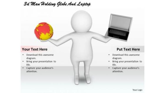Creative Marketing Concepts 3d Man Holding Globe And Laptop Characters