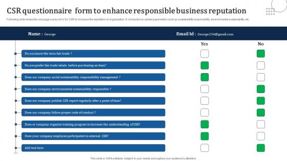 CSR Questionnaire Form To Enhance Responsible Business Reputation Microsoft Pdf CSR Questionnaire Form To Enhance Responsible Business Reputation Microsoft Pdf