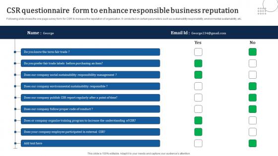 CSR Questionnaire Form To Enhance Responsible Business Reputation Microsoft Pdf