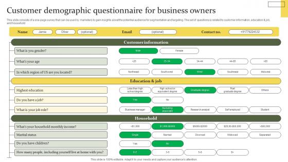 Customer Demographic Questionnaire For Business Owners Topics Pdf