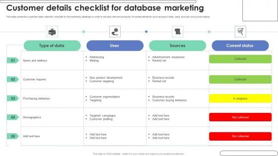 Customer Details Checklist For Database Marketing Ppt Ideas Samples Pdf