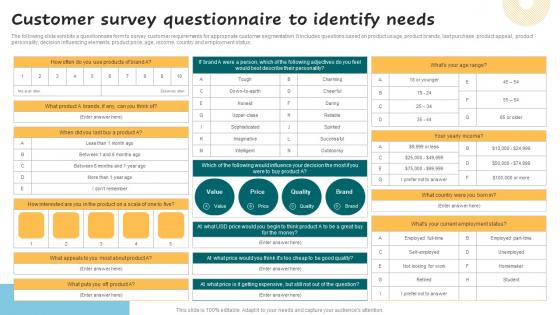 Customer Survey Questionnaire To Identify Needs Successful Guide For Market Segmentation Mockup Pdf