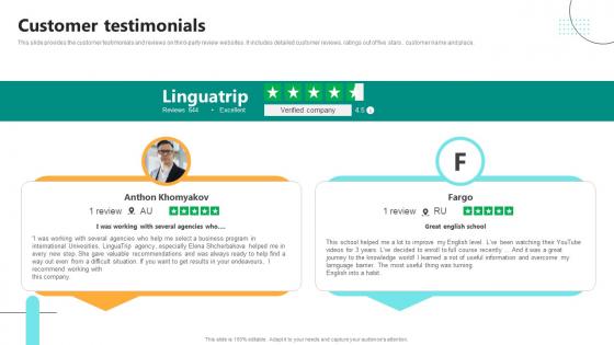 Customer Testimonials Digital Language Learning Solution Pitch Deck