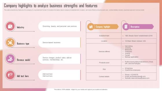 Customizing The Salon Experience Company Highlights To Analyze Business Strengths Strategy SS V Customizing The Salon Experience Company Highlights To Analyze Business Strengths Strategy SS V