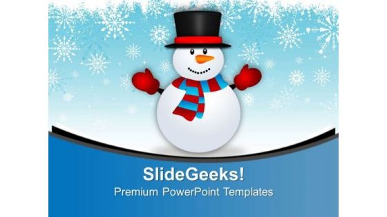 Cute Snowman On Snowy Background PowerPoint Templates Ppt Backgrounds For Slides 0113