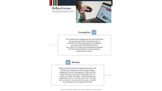 Defined Terms Informal Debt Arrangement One Pager Sample Example Document