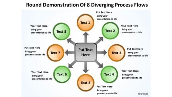 Demonstration Of 8 Diverging Process Flows Circular Layout Diagram PowerPoint Templates