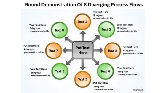 Demonstration Of 8 Diverging Process Flows Circular Layout Diagram PowerPoint Templates