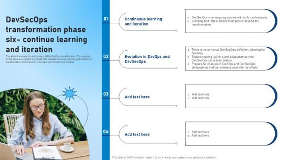 Devsecops Transformation Phase Six Continue Learning And Iteration Role Of Devsecops Ppt Slide Devsecops Transformation Phase Six Continue Learning And Iteration Role Of Devsecops Ppt Slide