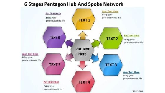 Diagram Of Business Cycle 6 Stages Pentagon Hub And Spoke Network PowerPoint Slides