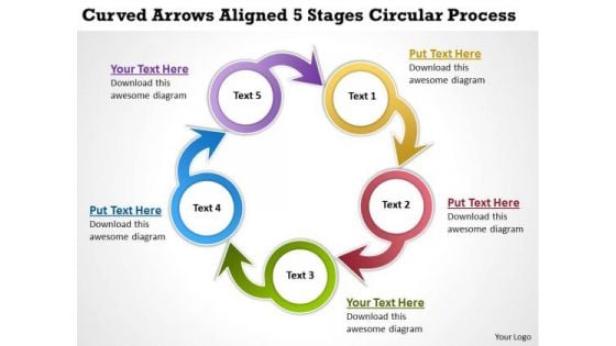 Diagram Of Business Cycle Curved Arrows Aligned 5 Stages Circular Process PowerPoint Templates