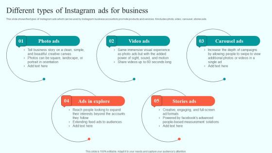 Different Types Of Instagram Ads For Business Online Advertising Solutions Template Pdf