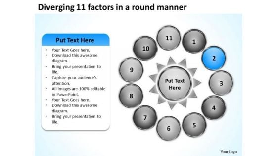 Diverging 11 Factors Round Manner Circular Flow Layout Chart PowerPoint Slides