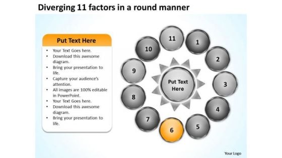 Diverging 11 Factors Round Manner Circular Flow Motion Diagram PowerPoint Slides