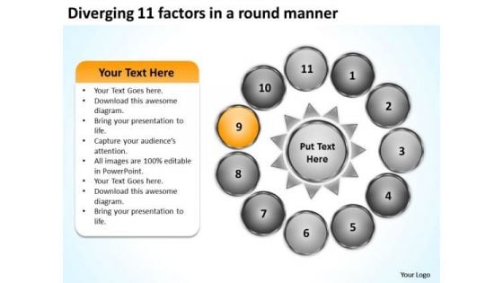 Diverging 11 Factors Round Manner Circular Flow Motion Process PowerPoint Slides