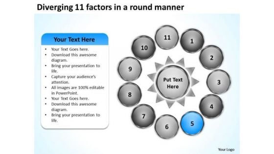 Diverging 11 Factors Round Manner Circular Motion Diagram PowerPoint Slides