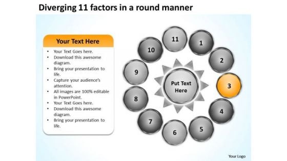 Diverging 11 Factors Round Manner Circular Process Chart PowerPoint Templates