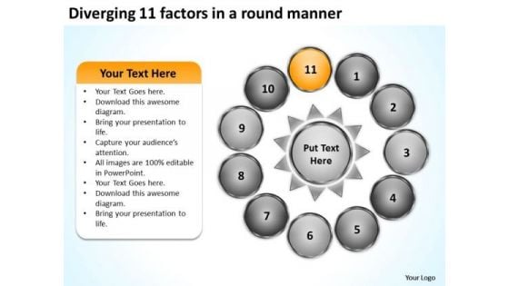 Diverging 11 Factors Round Manner Circular Spoke Chart PowerPoint Slides