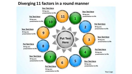 Diverging 11 Factors Round Manner Ppt Cycle Flow Chart PowerPoint Slides