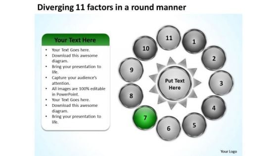 Diverging 11 Factors Round Manner Radial Process PowerPoint Slides