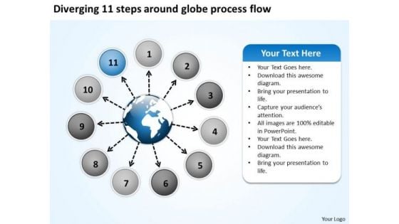 Diverging 11 Steps Around Globe Process Flow Radial Chart PowerPoint Slides