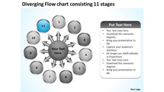 Diverging Flow Chart Consisting 11 Stages Business Circular Arrow Diagram PowerPoint Templates