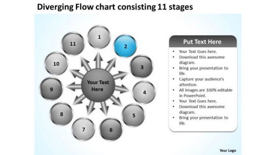 Diverging Flow Chart Consisting 11 Stages Business Circular Process Diagram PowerPoint Slides